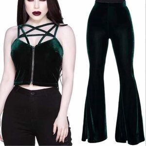 KILLSTAR VELVET TWO PIECES SET Flare Pants Crop Top Dark Green Coord Ensemble